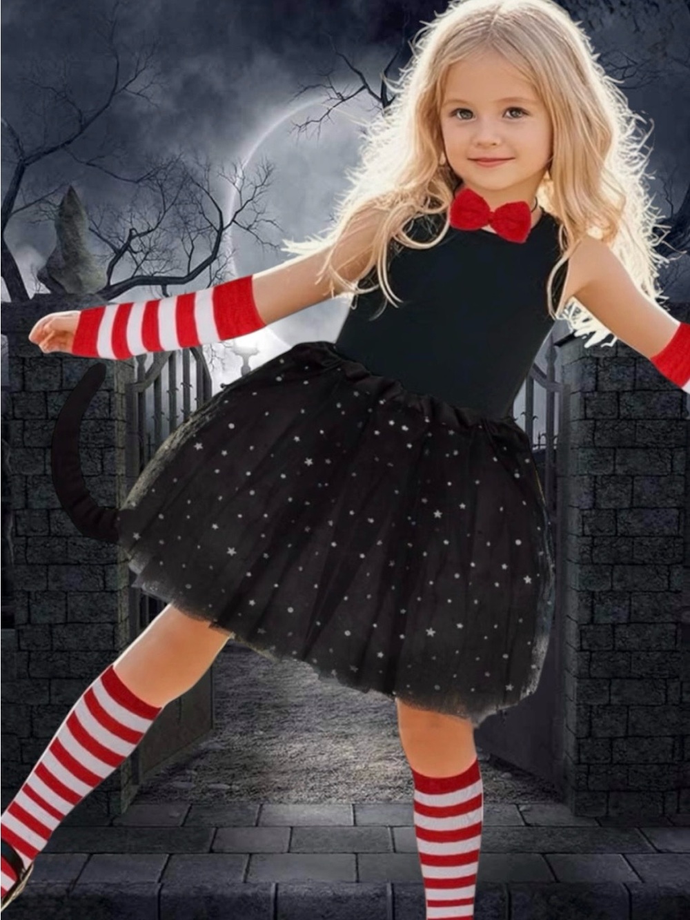 Girls Black Star Tutu Cat Halloween Costume with Red Bow and Striped Accessories